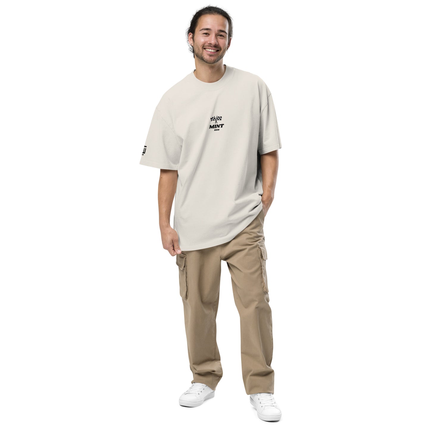 Mint Oversized Embroidered Winners Tee in Faded White