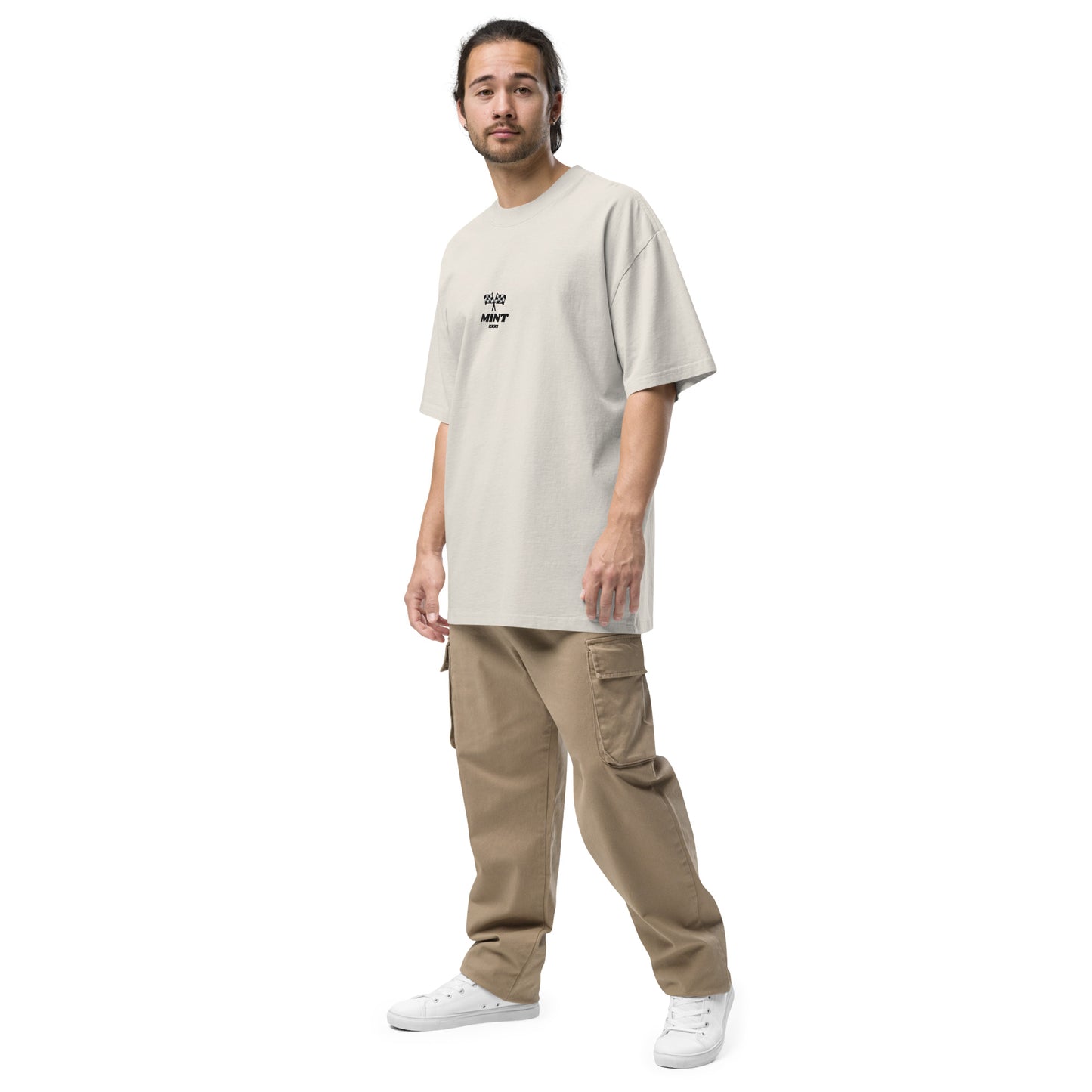 Mint Oversized Embroidered Winners Tee in Faded White