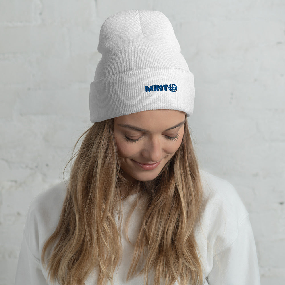 Mint Cuffed White Beanie